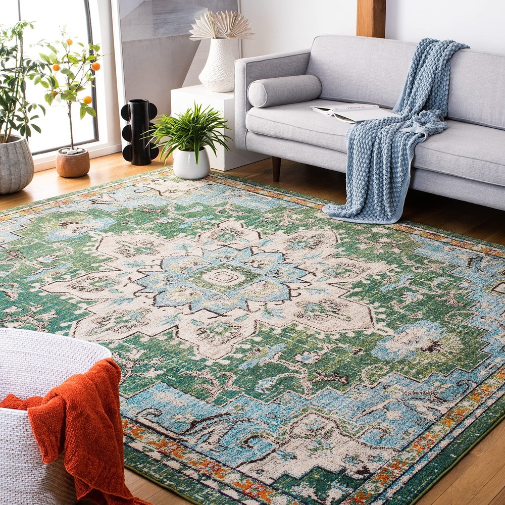 Madison Collection Area Rug - 5' Square, Green & Turquoise, Boho Chic Distres...