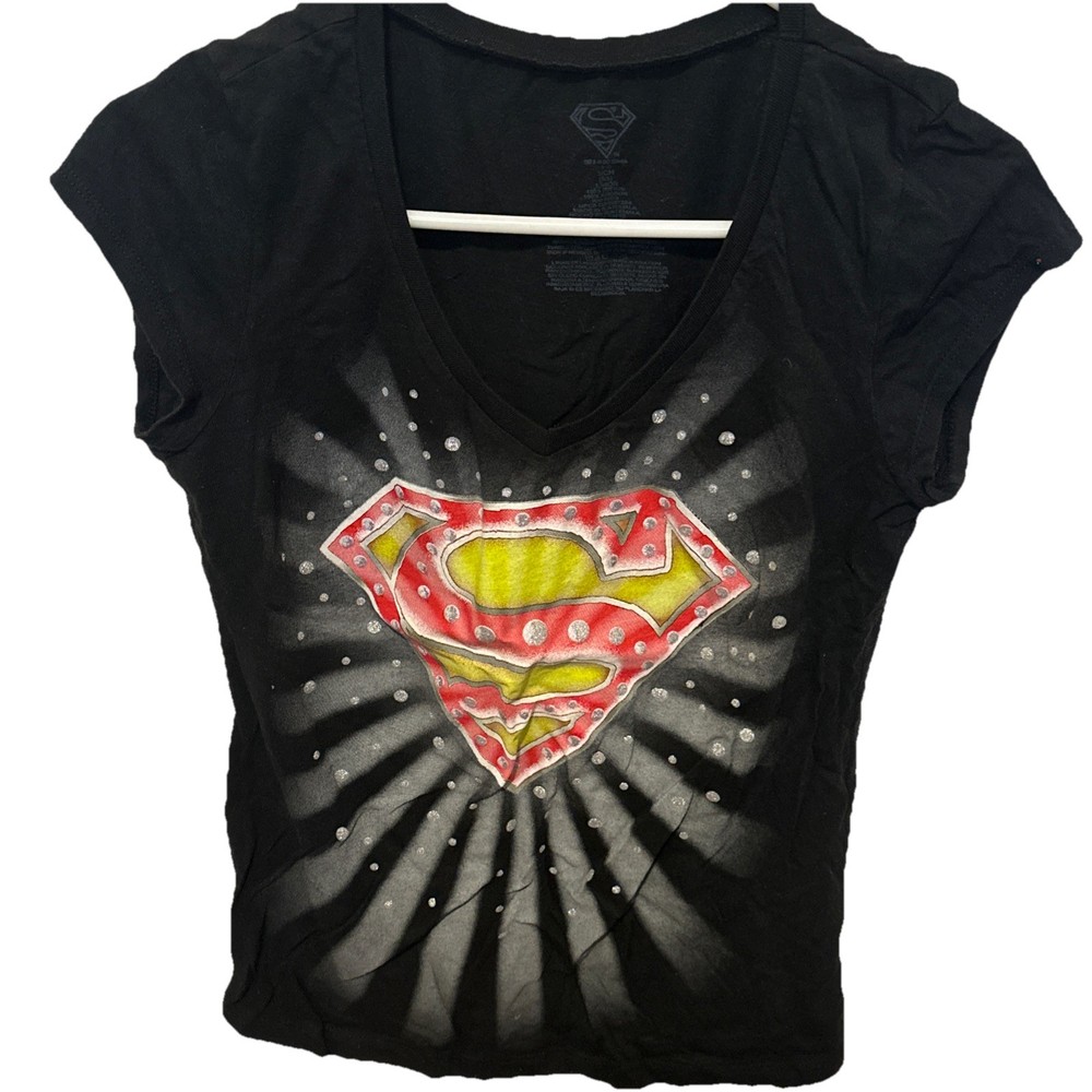Vintage Y2k Black Pink Rhinestone Superman Tee McBling T Shirt Sz Juniors Small