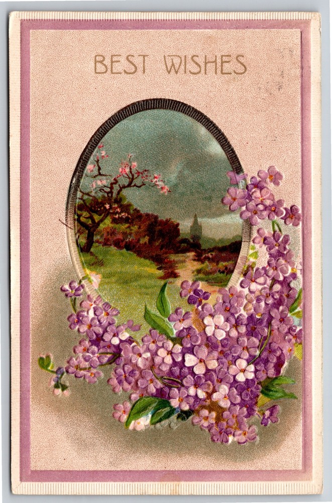 Greetings~Purple Flowers Field In Circle Best Wishes~Vintage Postcard