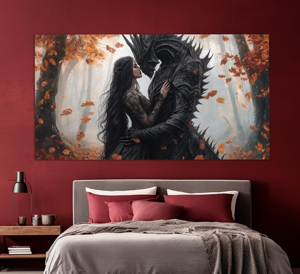 Beauty & Dragon Romantic Fantasy Gothic Paint Wall Art Canvas Unframed Print Art