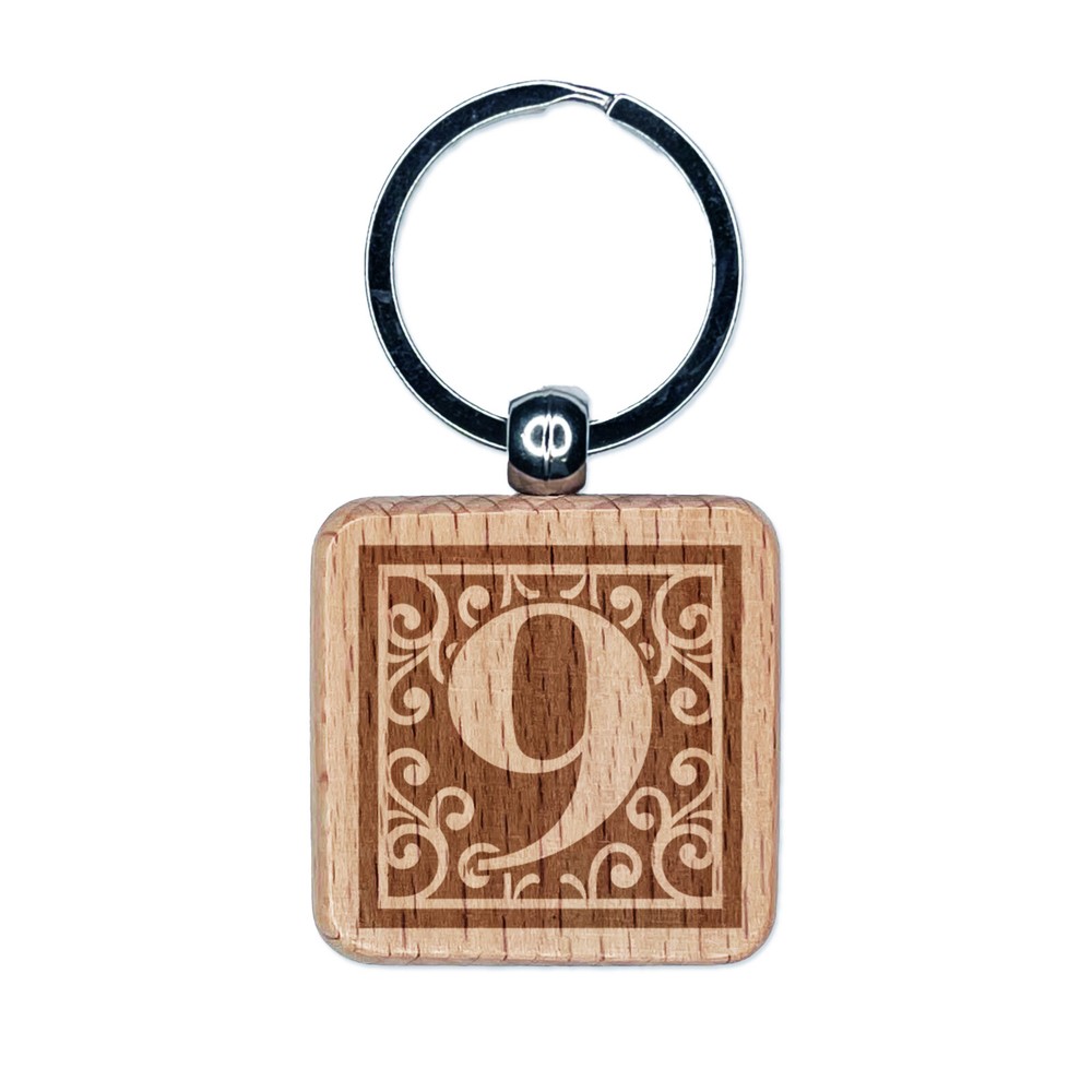 Monogram Swirls Number 9 Nine Engraved Wood Square Keychain Tag Charm