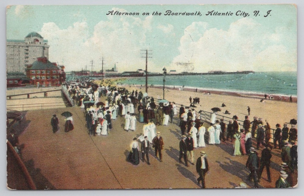 1909 Atlantic City NJ Boardwalk Vintage Postcard - People, Beach, Ocean View