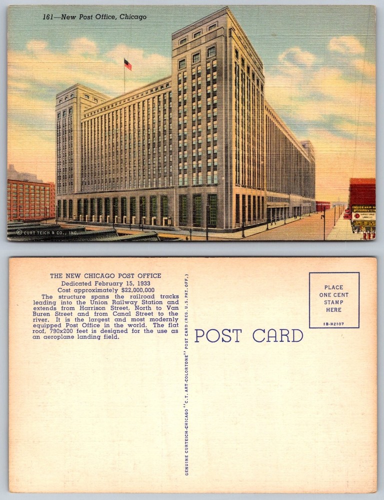 Chicago New Post Office Postcard 1933 Curt Teich Aeroplane Landing Field