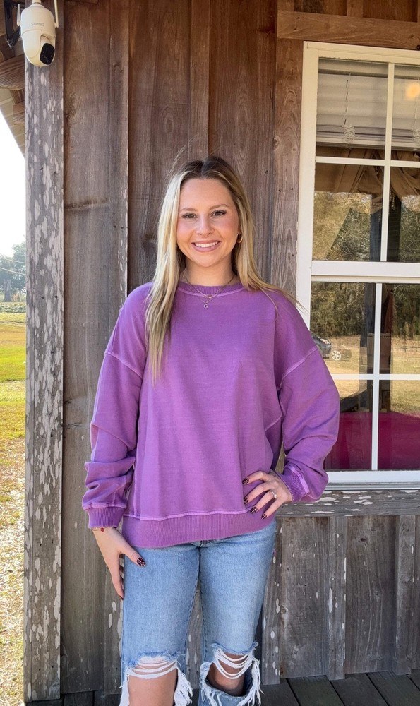 ZENANA Lt Plum French Terry Pigment Dye & Enzyme Washing Pullover