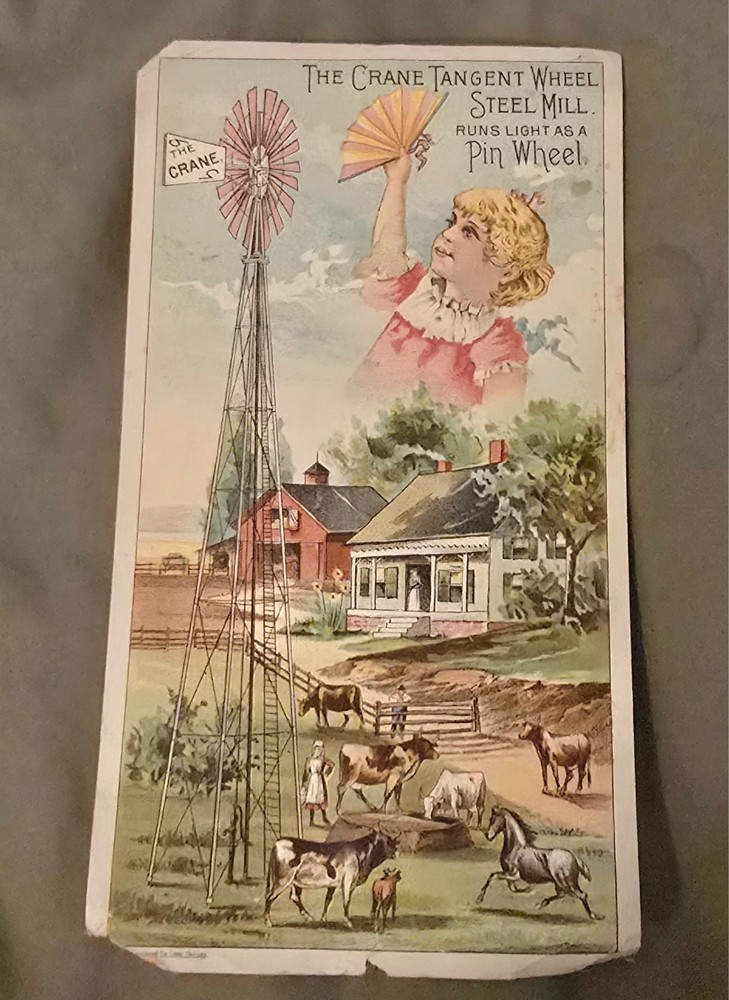 Antique 1800s Crane Company Windmill Trade Card Victorian Farm Advertising