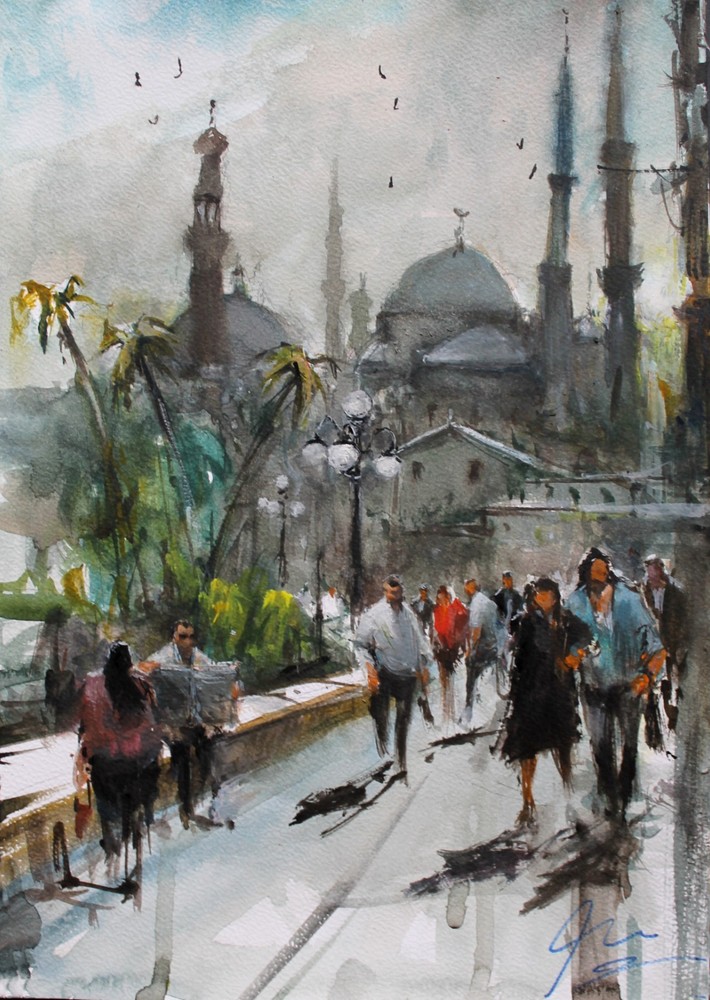 ORIGINAL PAINTING WATERCOLOR ISTANBUL BLUE MOSQUE CITY SCENE DUSK  11''x 8''in