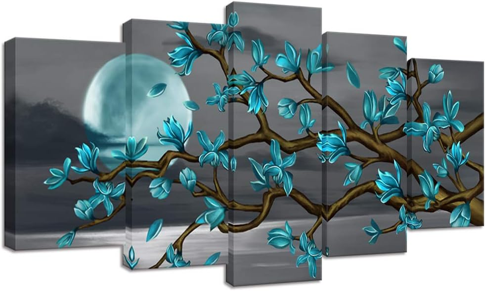 Beautiful Flowers Wall Art Abstract Teal Magnolia Blossom over Sea Canvas Prints