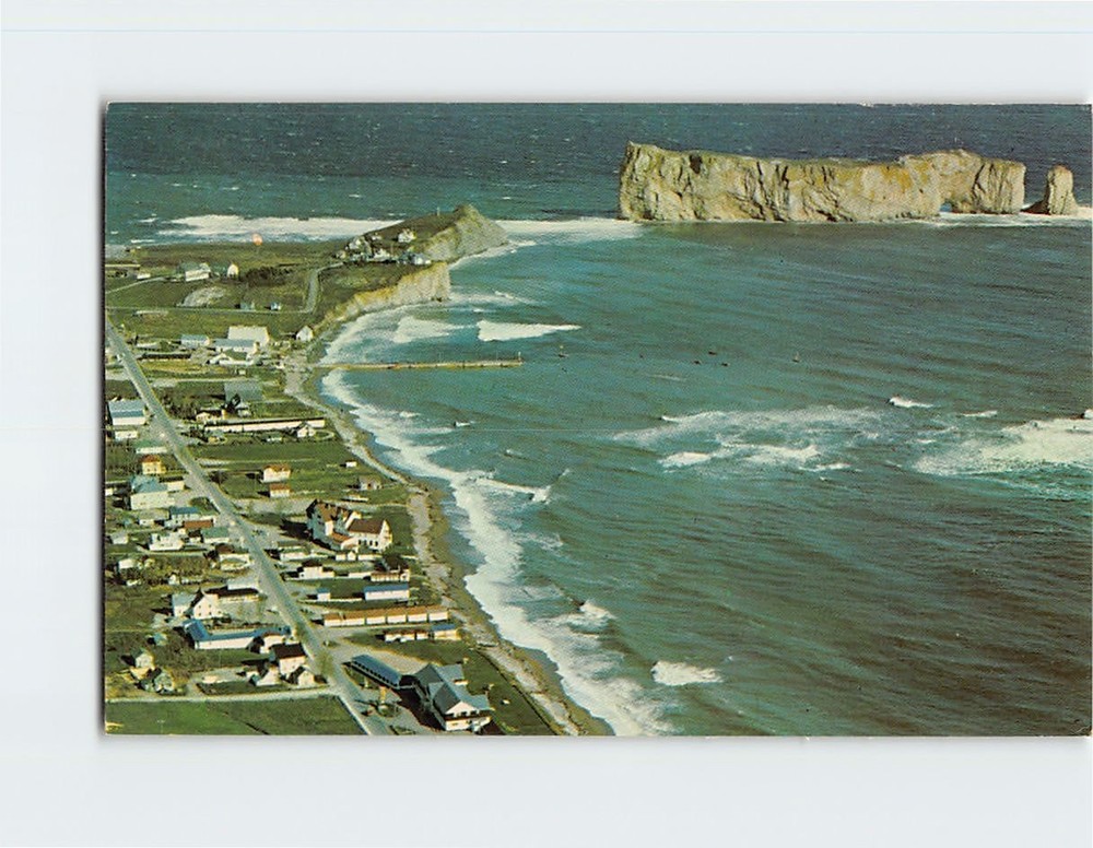 Postcard Aerial View Perce Village & Perce Rock Quebec Canada