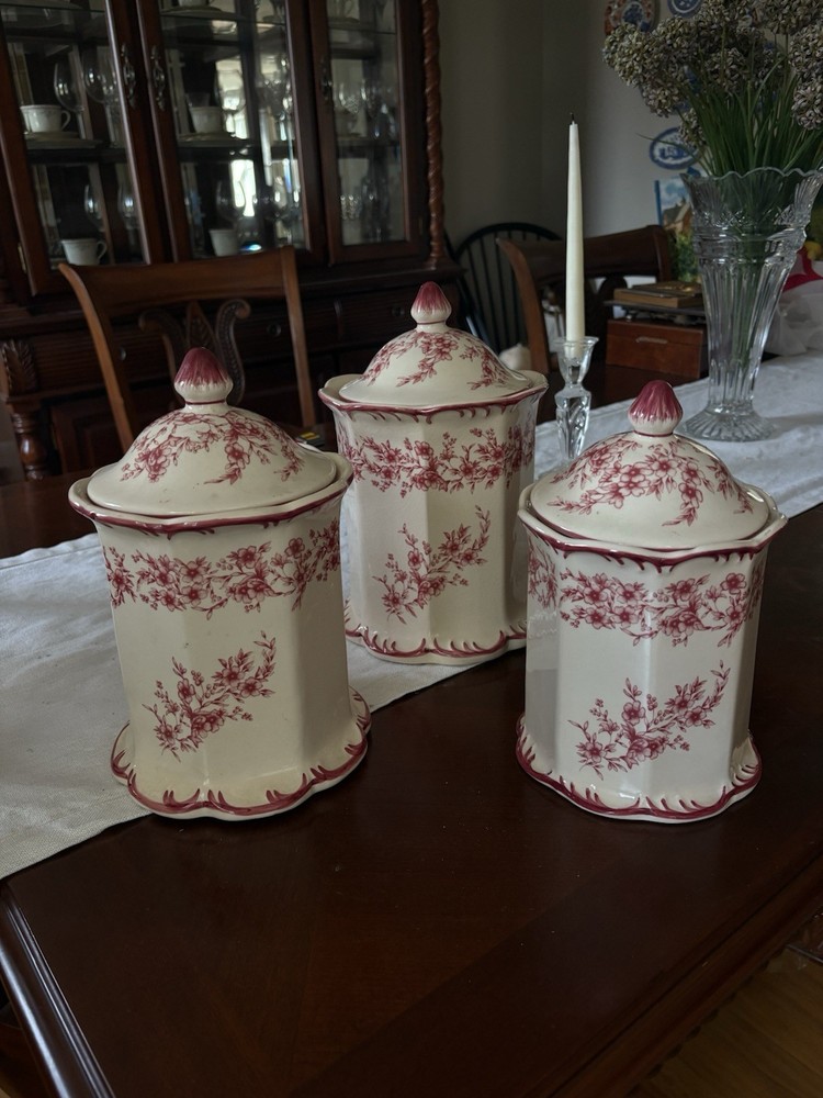 Country Cottag Canister Set Cream w Cranberry Red Floral Toile Transferware