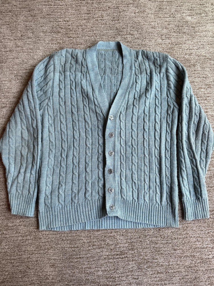 Cable Knit Cardigan Sweater Mens Large Blue Button Up Classic V Neck Casual 70s