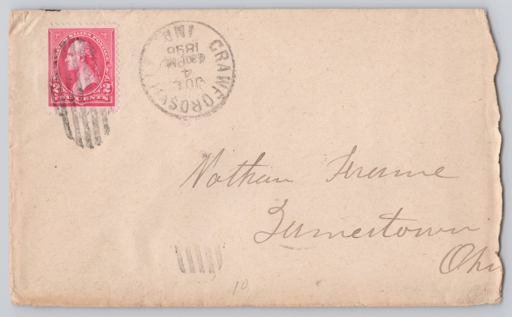 Crawfordsville, Indiana to Jamestown, Ohio, 2c Washington, Un 1886
