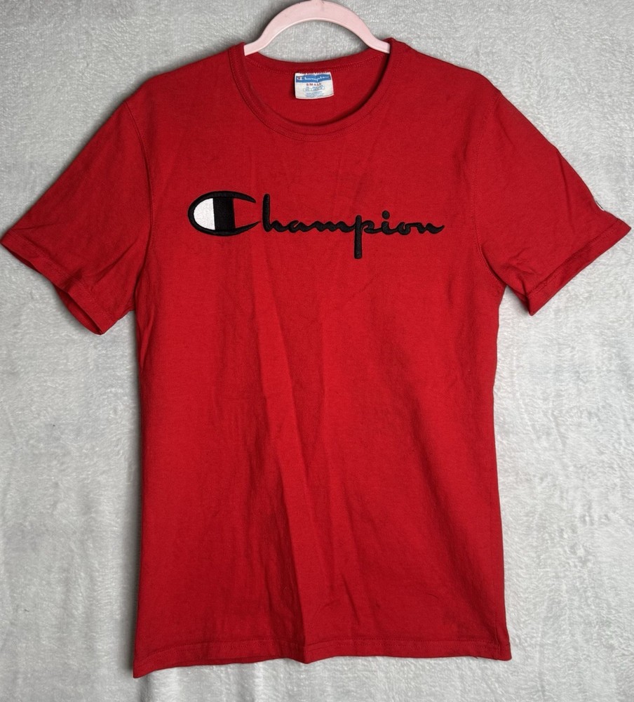 Vintage Champion Spellout Embroidered Logo Red T-shirt Mens Small