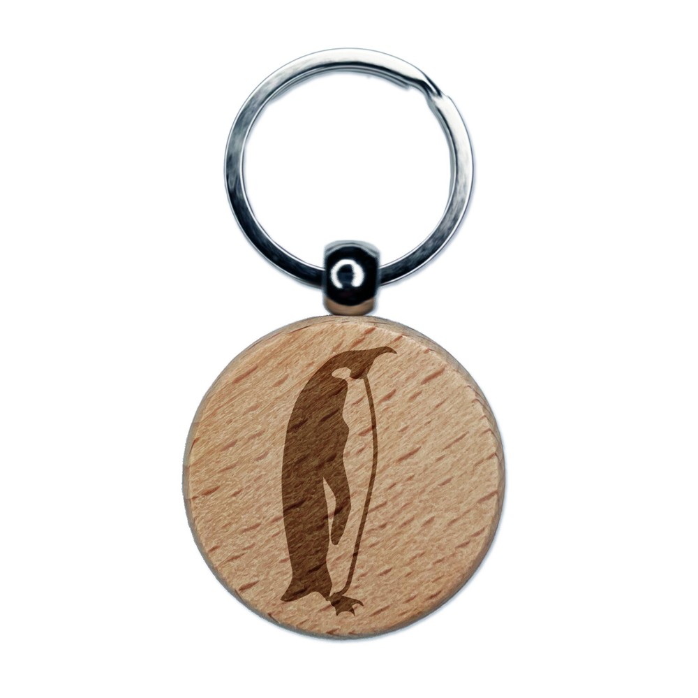Emperor Penguin Profile Engraved Wood Round Keychain Tag Charm