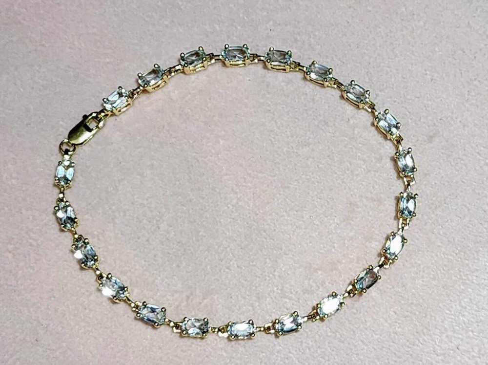 Vintage 10kt Yellow Gold Aquamarine Tennis Bracelet, 7