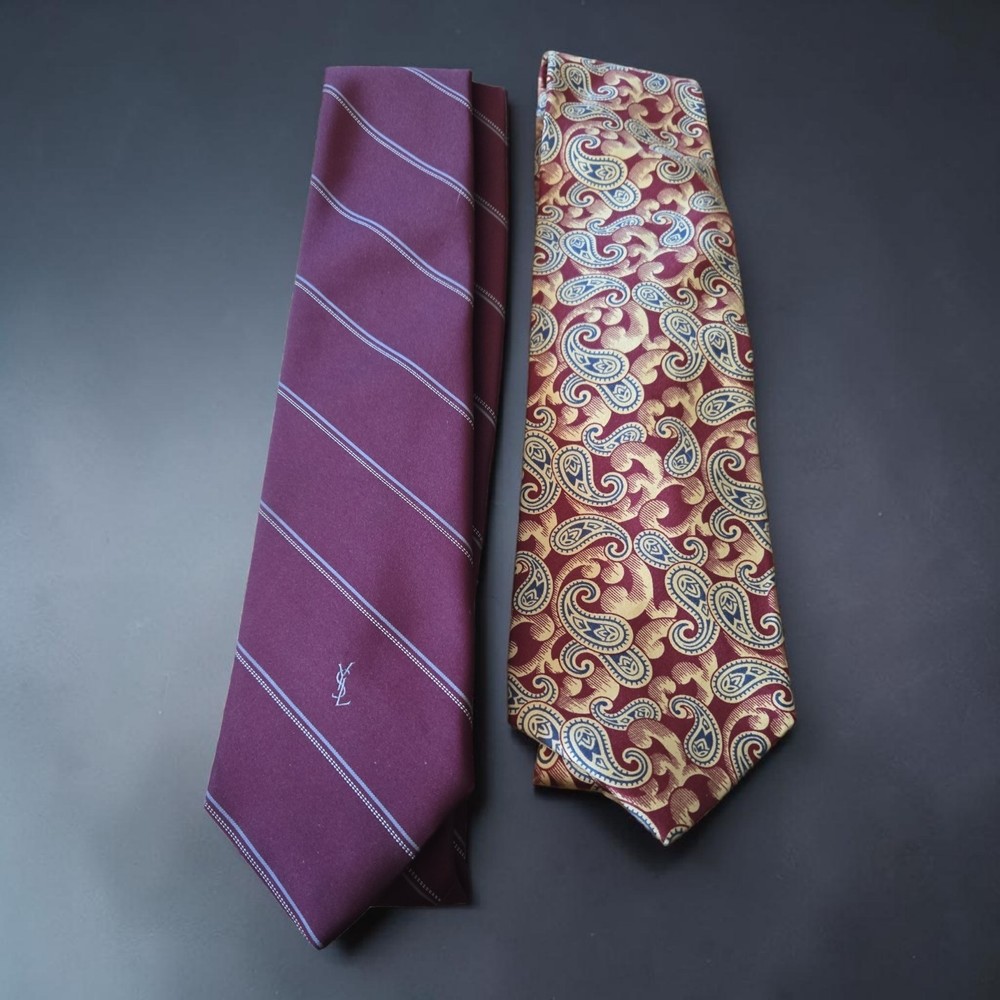 Lot of 2 Vintage Silk Designer Ties: YSL Burgundy Stripe & Burberrys Paisley