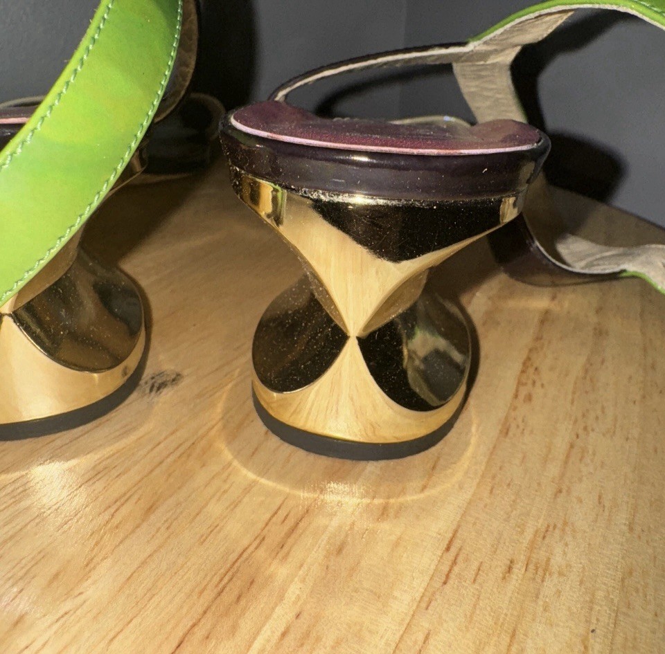 KATE SPADE Green Yellow Black Colorblock Sandals Gold Heel - Size 10B