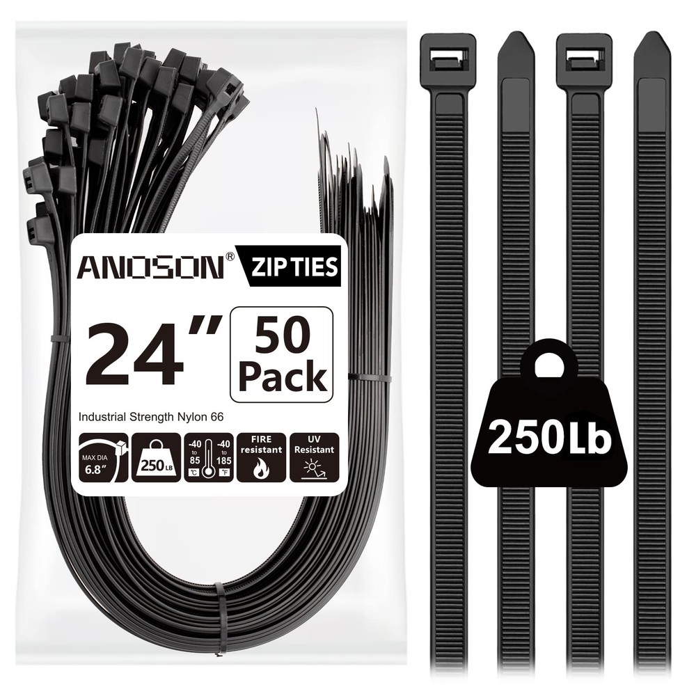 24-Inch Heavy Duty Outdoor Zip Ties - 50 Pack, 250 lb Strength