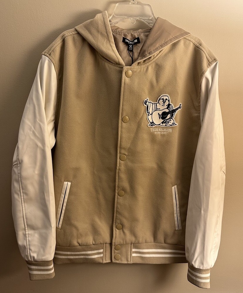 True Religion Buddha Logo Two Tone Varsity Letterman Jacket Men’s XL Leather NWT
