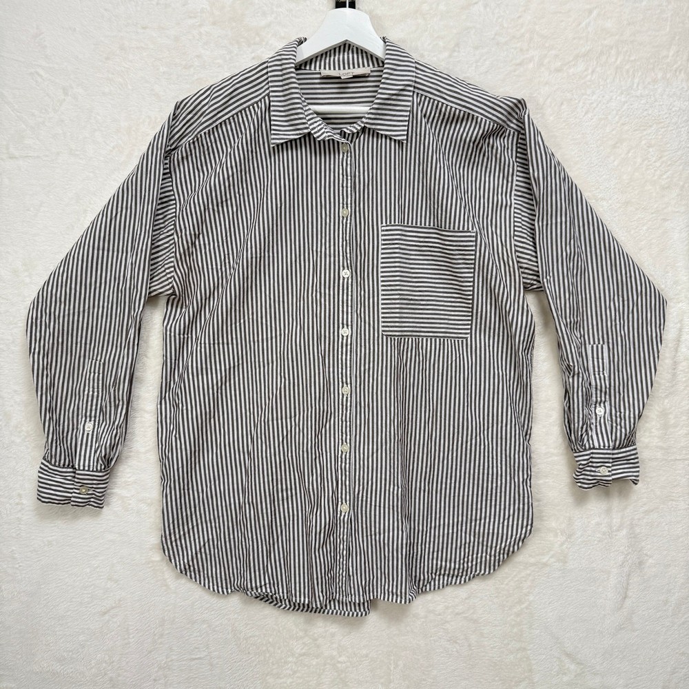 LOFT Button Down Shirt Womens Large Grey White Striped Long Sleeve Cotton Modal