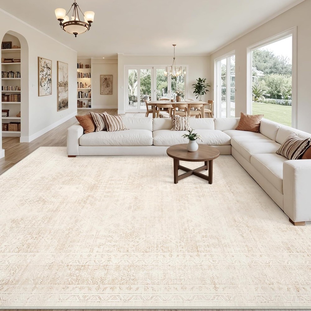 8x10 Area Rugs for Living Room: Vintage Boho Neutral Washable Rug Indoor Soft