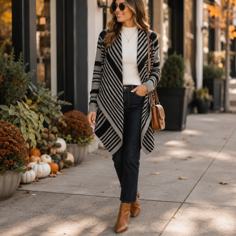 Open Front Striped Waterfall Cardigan Sweater Gray Black Size Small Quiet Luxury