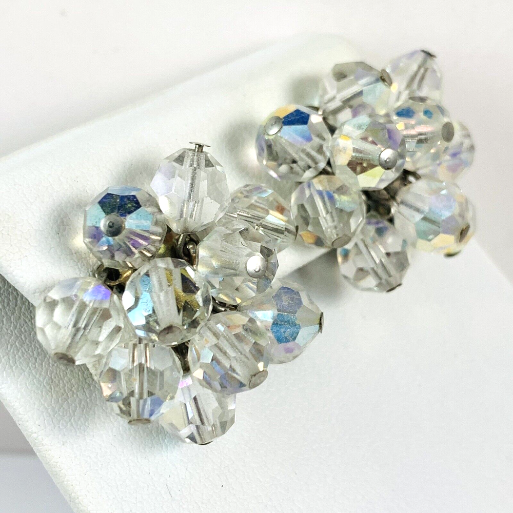 Vintage Aurora Borealis AB Crystal Beaded Cha Cha Silver Tone Clip on Earrings