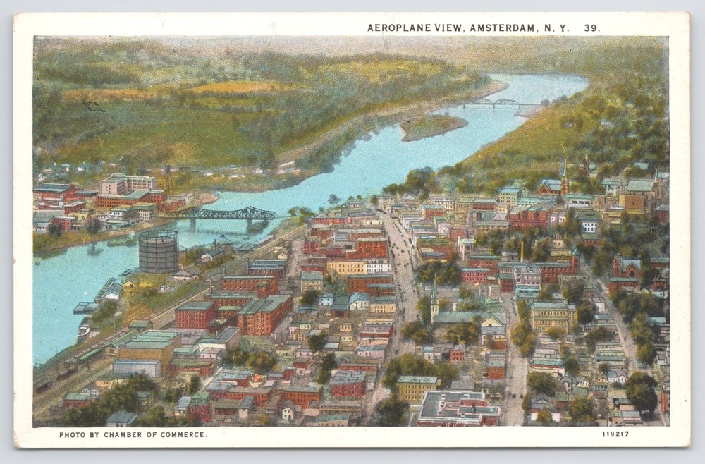 Linen~Aeroplane View~Amsterdam New York~Bridge~River~Downtown City Life~Vintage