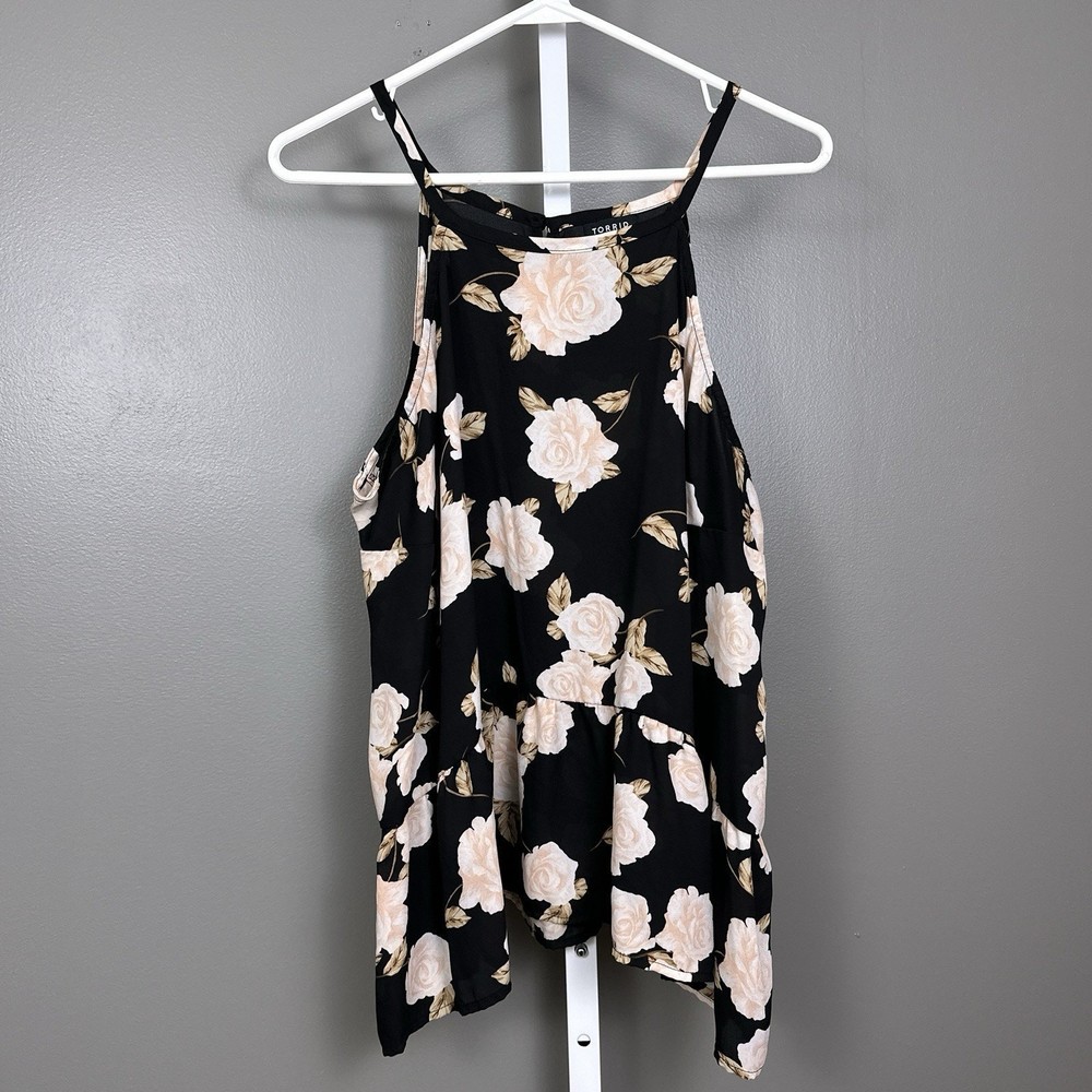 Torrid Georgette Drop Waist Halter Top Blouse Size 1 Black Sleeveless Floral