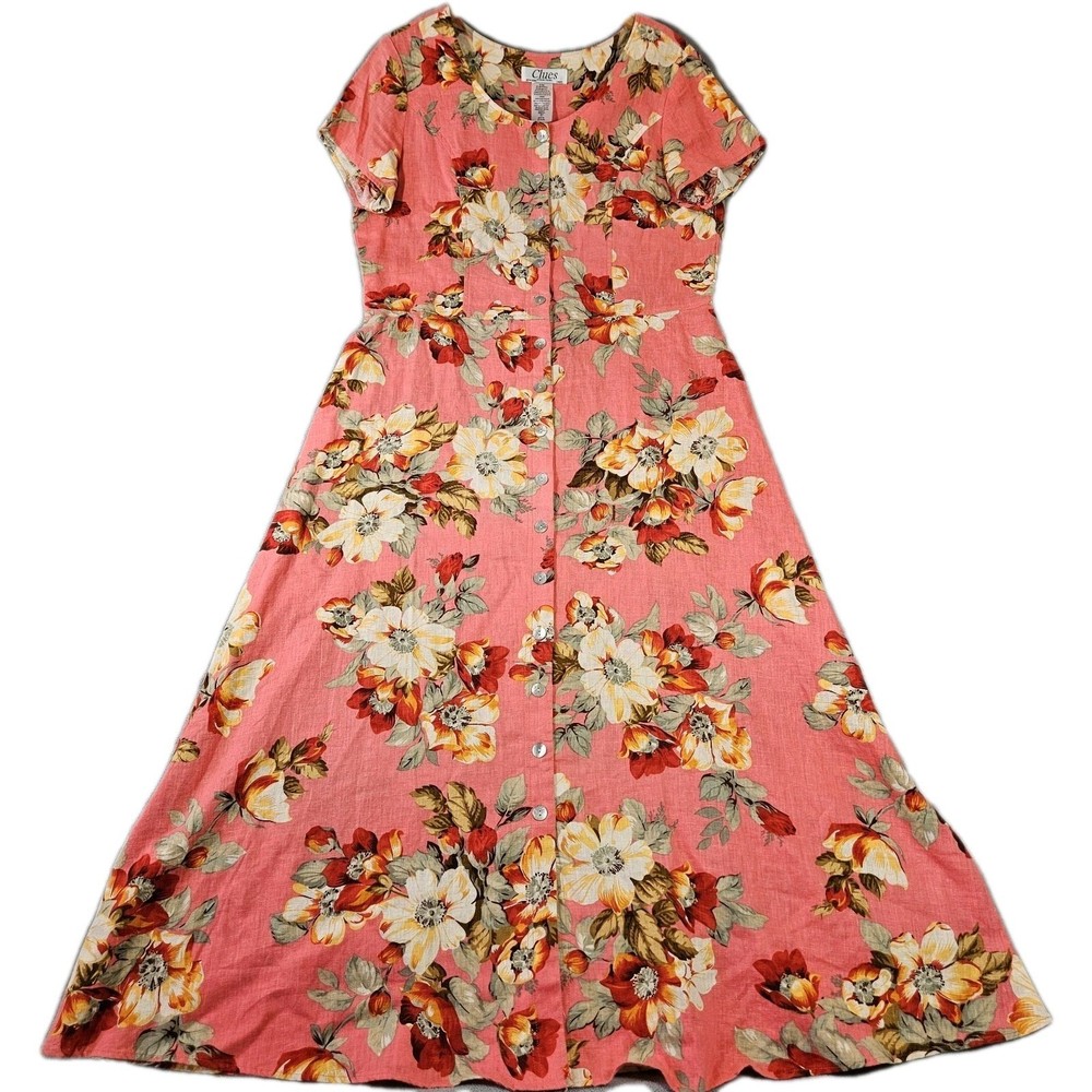 Vtg Clues Collection Dress Womens 14 Maxi Linen Blend Button Floral Cottagecore