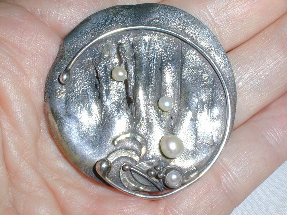 Brutalist- Wild Modernist Large Sterling Silver Brooch With Texture & Pearls!