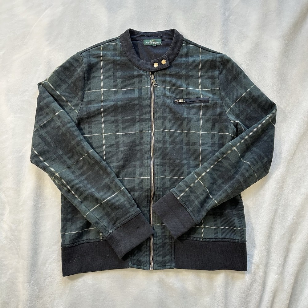 Vintage LRL Lauren Ralph Lauren Bomber Full Zip Jacket Women M Green Navy Plaid
