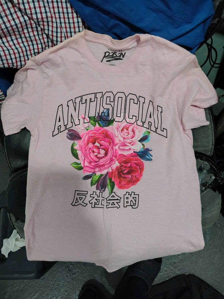 Popular Poison “Antisocial” Rose Graphic Tee – Pink – Size Small