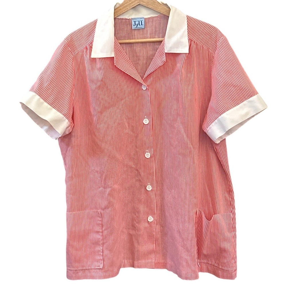 Vintage Red White Striped Blouse 50s Diner Rockabilly Retro Button Shirt USA