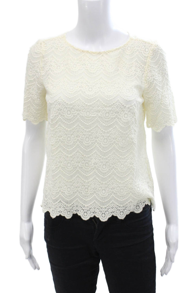 J Crew Womens Textured Lace Short Sleeve Round Neck Top Cream Size XSFree Shipping in US $100+ Orders | $6.95 Orders Below