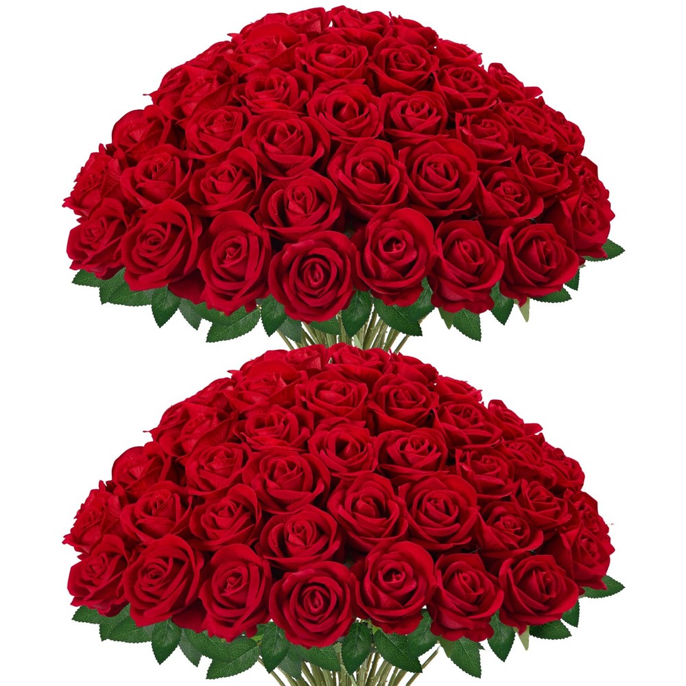 50 Pcs Red Roses Artificial Flowers, Fake Velvet Silk Rose Bulk Faux Flower f...