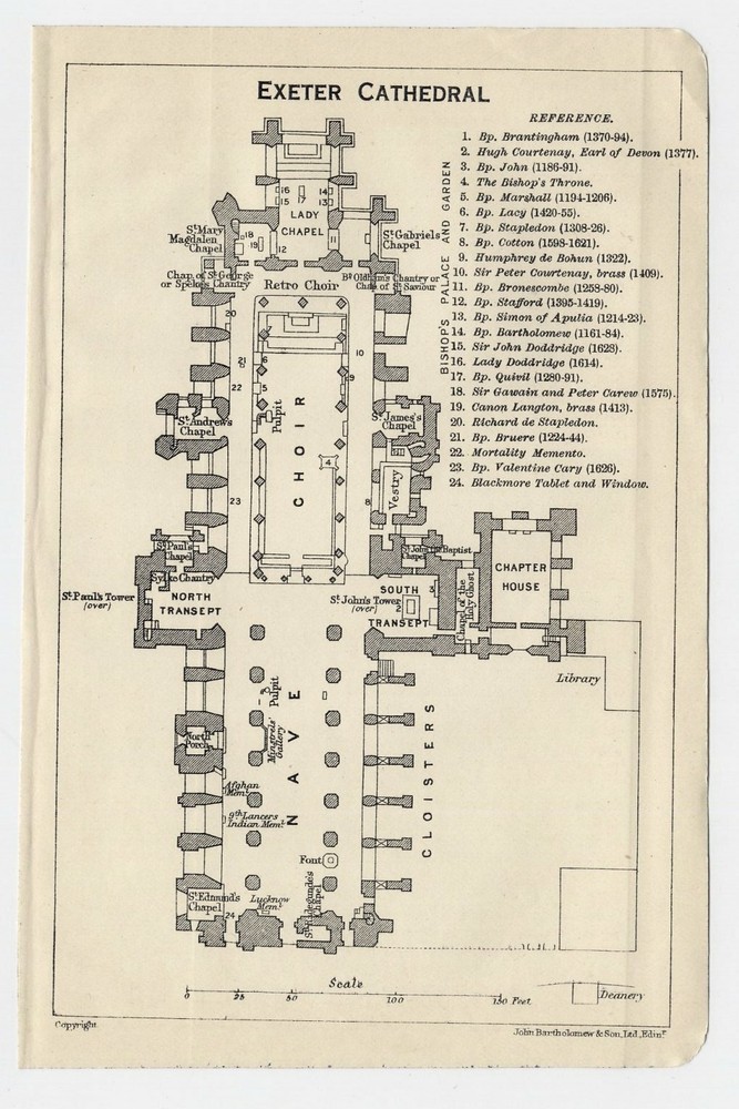 1924 Original Vintage Plan Of Exeter Cathedral / England