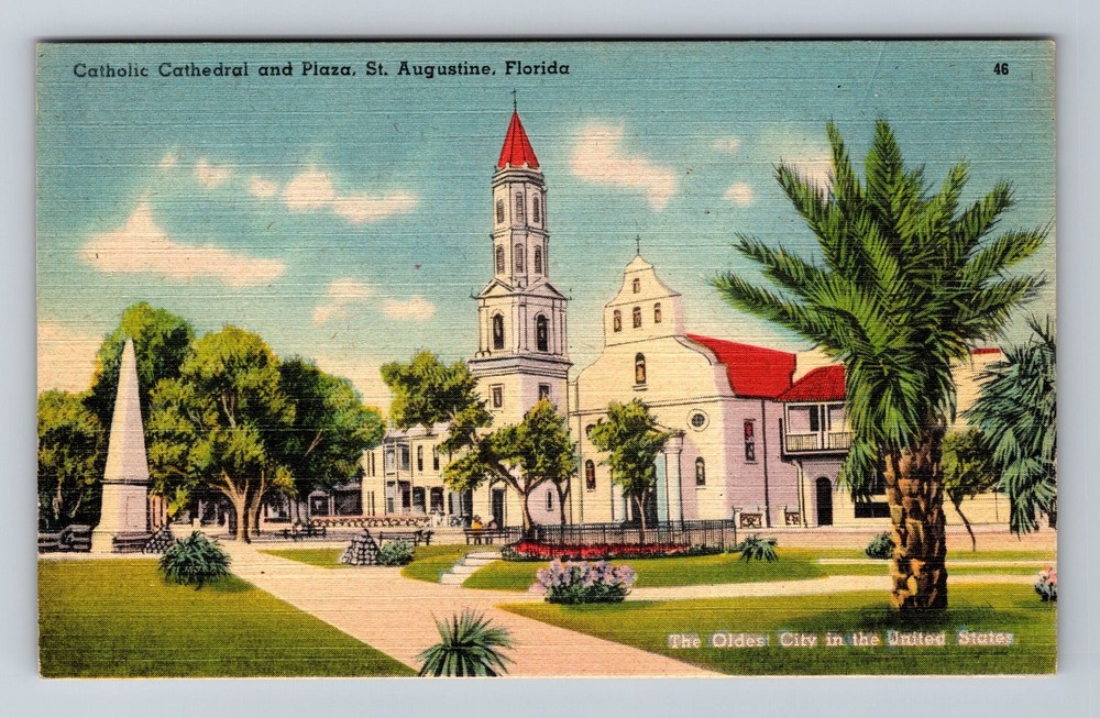 St Augustine FL-Florida Catholic Cathedral And Plaza Vintage Postcard Standard