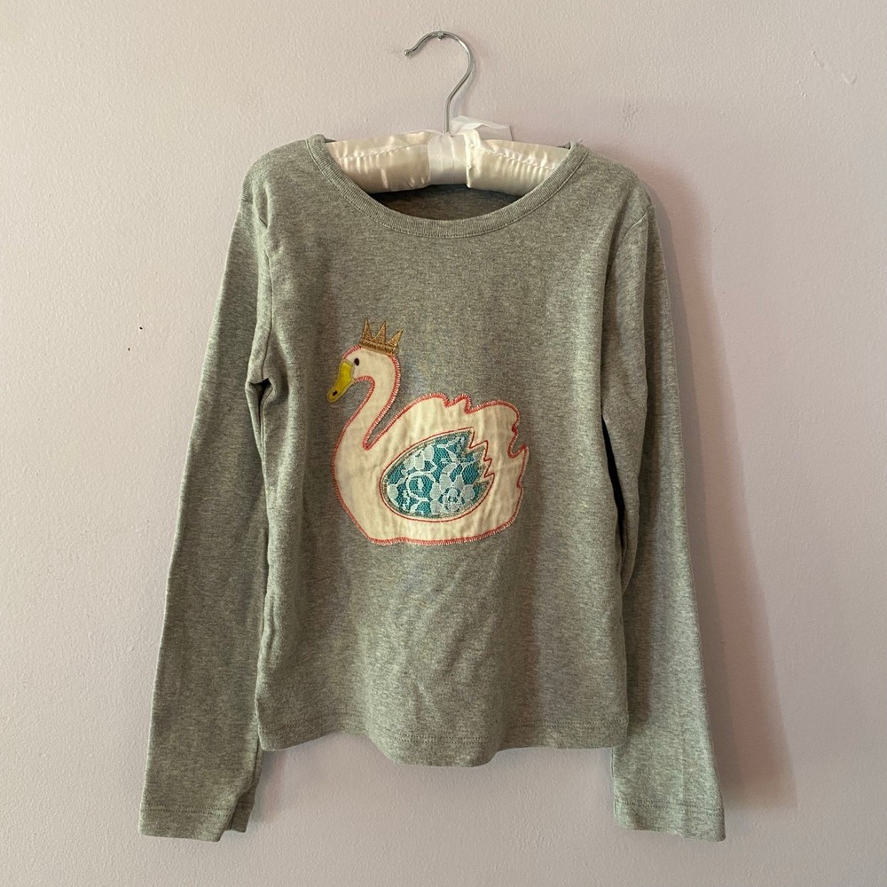 Mini Boden Gray Patchwork Swan Princess Long Sleeve Shirt Cotton Girls 6-7 Years