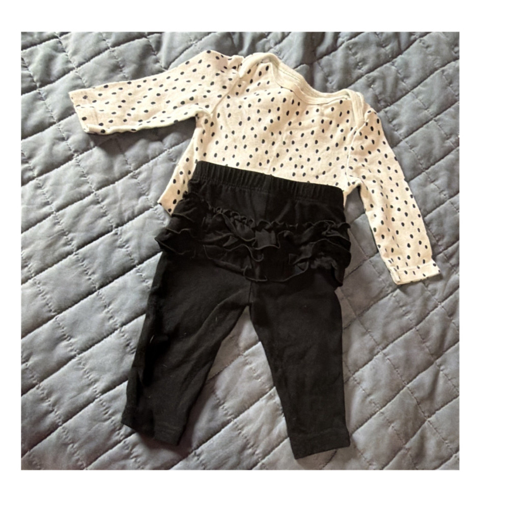 Cloud Island 3-6M Polka Dot Bodysuit & White Black LS & Black Ruffle Pants Set