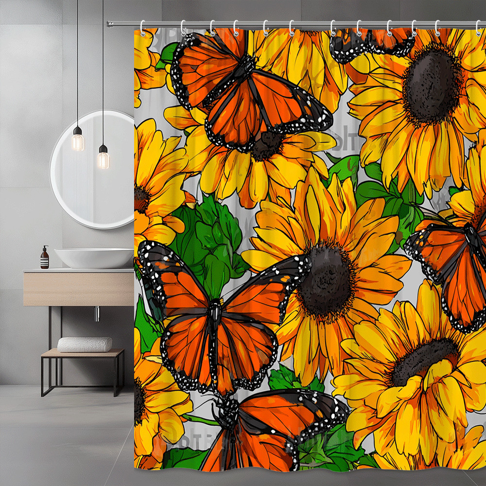 Sunflower Butterfly Shower Curtain Floral Print Orange Yellow