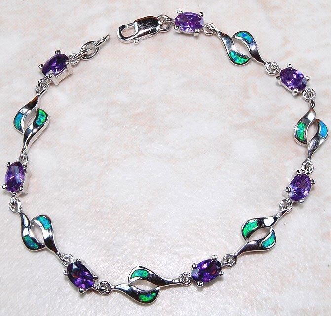Amethyst & Australian Opal Inlay 925 Sterling Silver Tennis Bracelet OB6