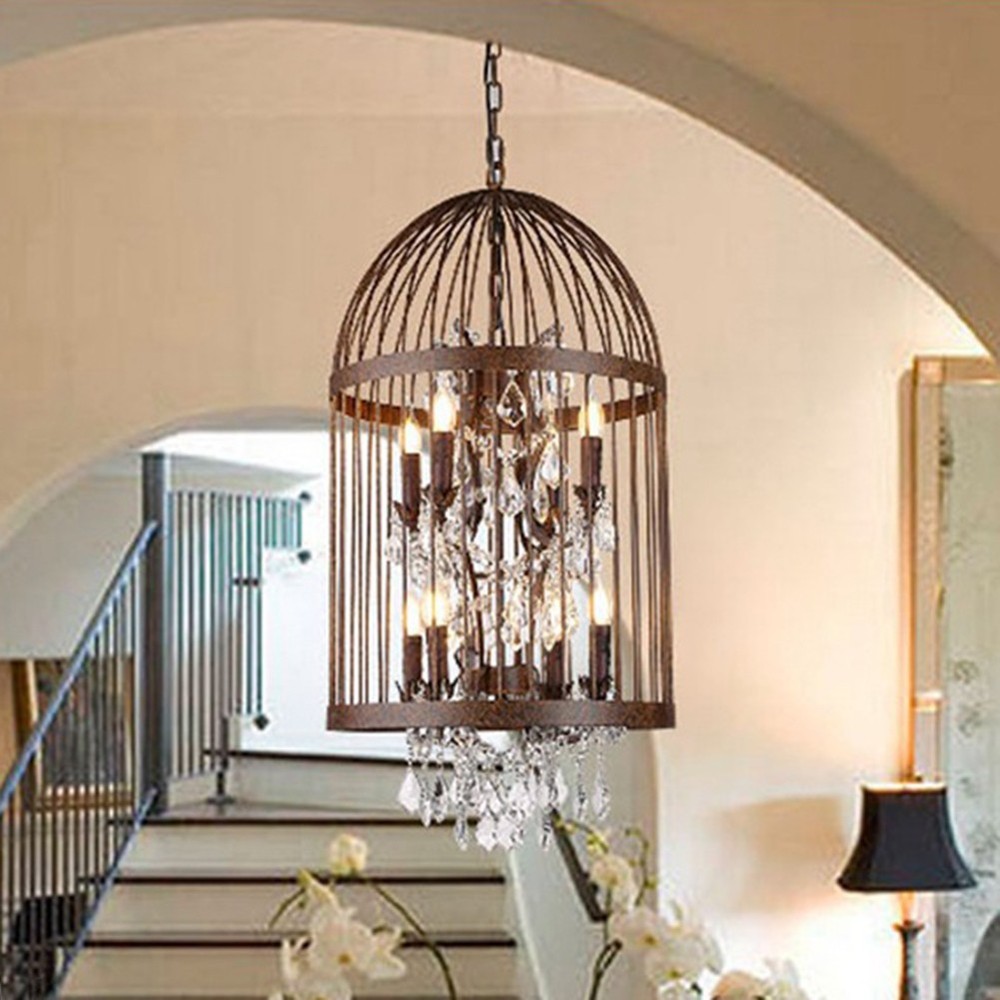 Industrial Chandelier 4-Light Crystal Pendant Fixture Iron Birdcage Ceiling Lamp