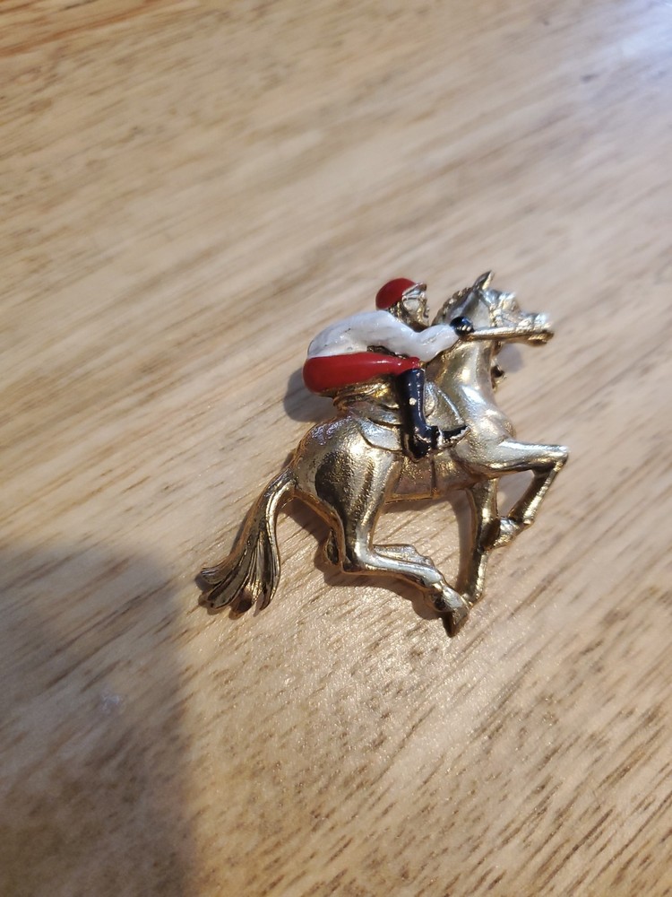 Vintage Gold-Tone Enamel Racing Horse Jockey Pin Brooch