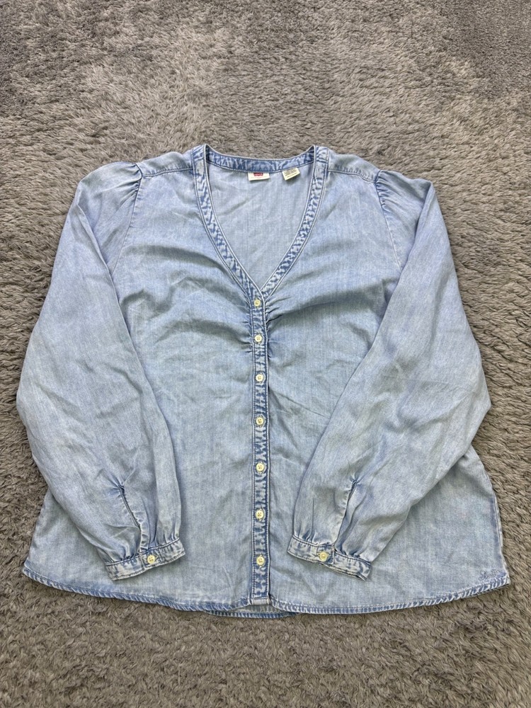 Levis Denim Shirt Women 2XL Zenda Ruched V Neck Button Up Blouse Western Peasant