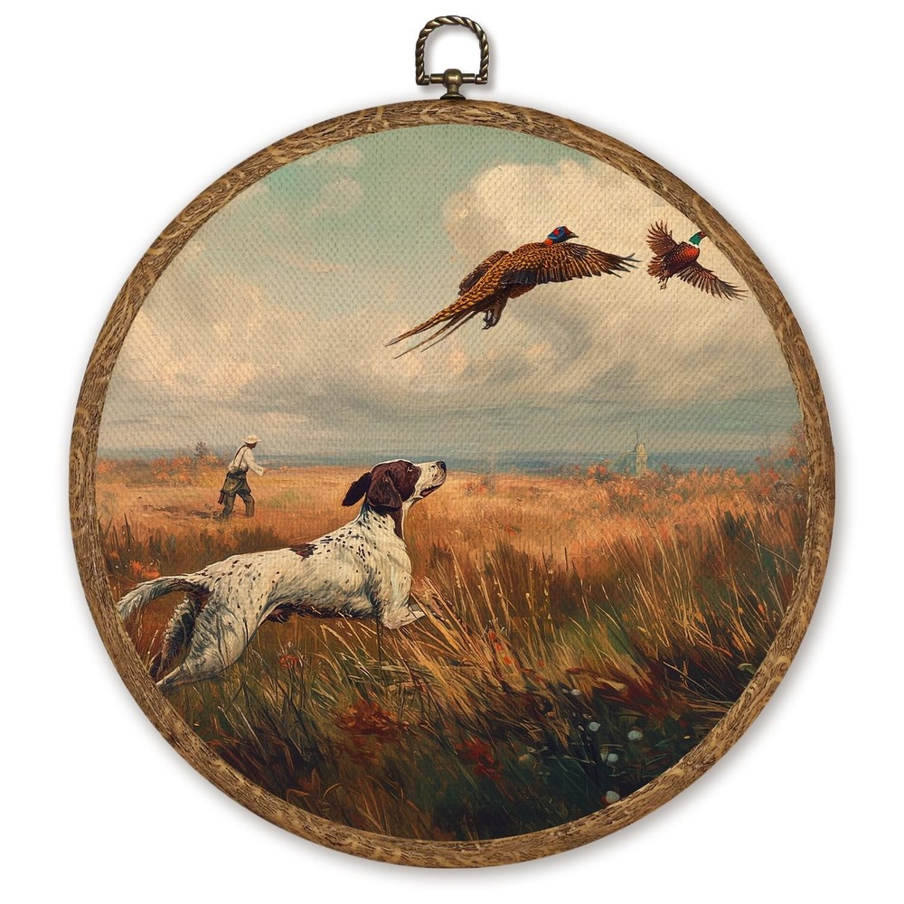 Farmhouse Hunting Dog Wall Art Decor, Cottagecore Vintage Pheasant Field Roun...