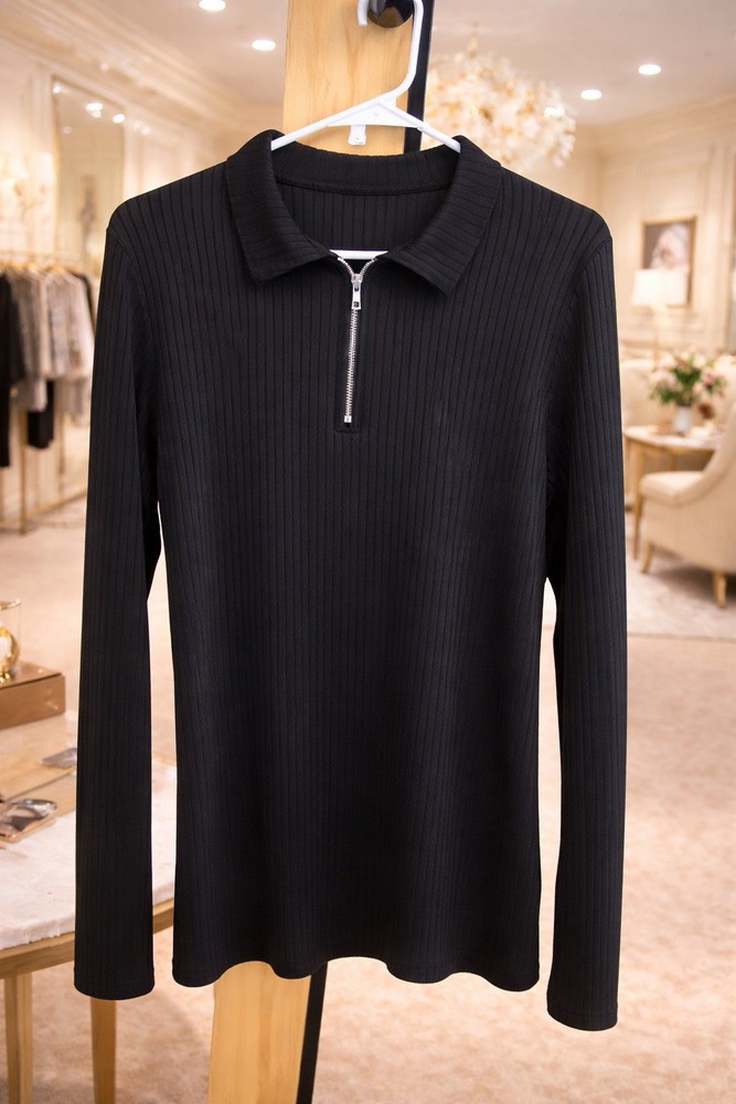 Black Ribbed Knit Zip Collar Long Sleeve Slim Fit Top M Unisex