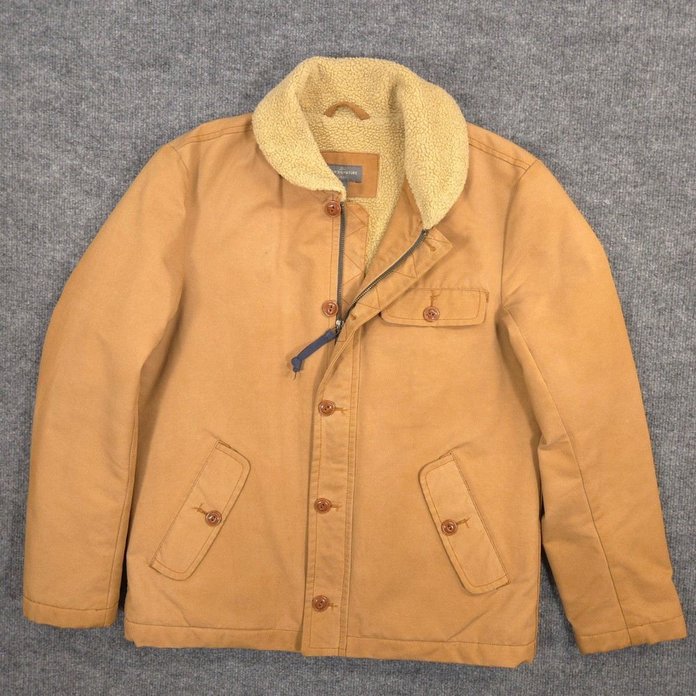 LL Bean Signature Waxxed Canvas Barn Jacket Mens S Tan Slim Sherpa Lined Chore