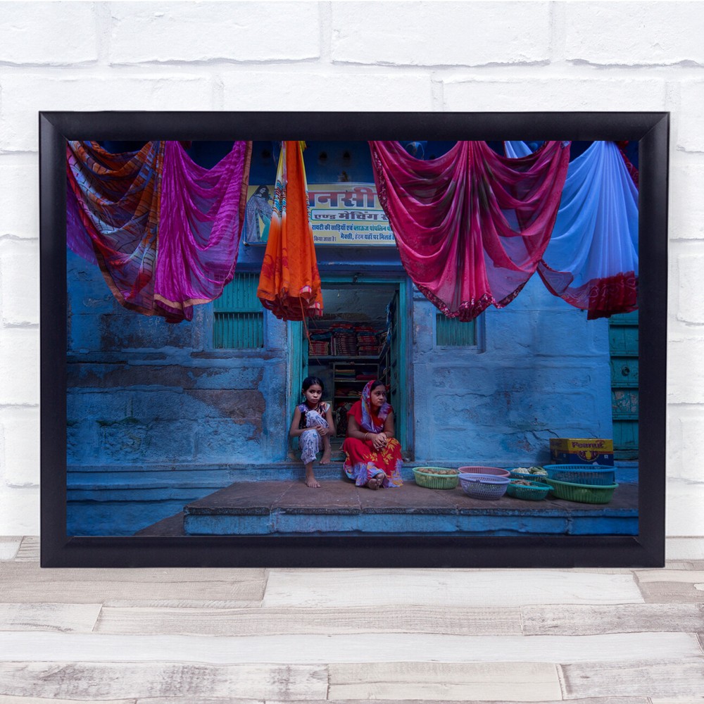 India Colourful Building Street Market Fabric Dress Wall Art Print
