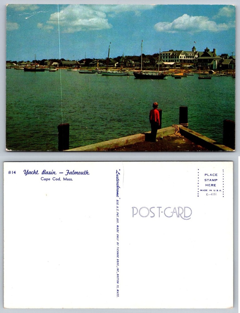 Vintage Lusterchrome Postcard Yacht Basin Falmouth Cape Cod Massachusetts