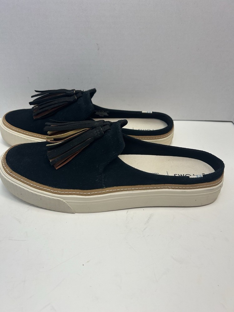 Toms Women’s Sz7.5W Black Suede Slip On Loafers Mules White Platform Tassel
